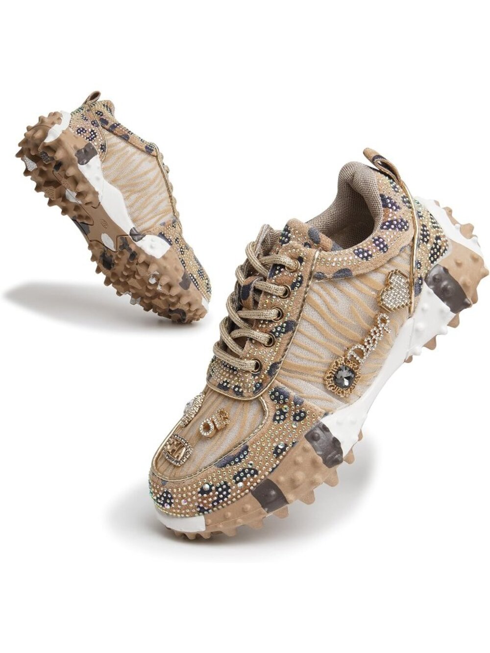 Women's Khaki Crystal Embellished Denim Rhinestone Fashion Athletic Sneakers